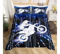 richhome Kids Blue Bike Bedding Set Single Size, Extreme Sports Guard Boys Girls Racing Motocross Motorcycle Rider Duvet Cover Set Motorcycle Junior Comforter Cover
