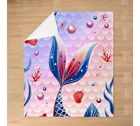 richhome Kids Blue Mermaid Flannel Blanket Plush Fuzzy 40x50Inch Ocean Marine Fleece Throw Blanket For Boys Girls Fish Scales Princess Girly Sea Underwater World for Bed Couch Chair Living Room