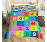 richhome Kids Puzzle Alphabet Numbers Duvet Cover Double Size ABC Letters Comforter Cover for Boys Girls Educational Bedding Set 3Pcs English Learning Room Decor