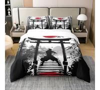 richhome King Kids Samurai Quilt Cover Boys Girls Sunset Duvet Cover Japan Japanese Style 100% Cotton Duvet Cover Ink and Wash Bamboo Bedding Set