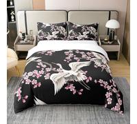 richhome King Themed Ukiyo-E Japanese Bedding Set 100% Pure Cotton Cherry Blossom Duvet Cover Children'S Japanese Quilt Cover Crane Grain Black Exotic 3Pcs