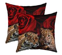 richhome Leopard Print Pillow Cover for Living Room Couch Decor Romantic Red Rose Flower Square Soft Throw Pillow Cover Tropical Wildlife Cool Leopard Decorative Cushion Cover,Pack of 2,20"x20"