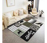 richhome Lodge Cabin Area Rug 3'x5' Retro Green Grid Rustic Farmhouse Non Slip Rug for Kids Teens Adults Watercolor Trees Cute Wild Animals Bear Indoor Floor Mat for Housewarming Sofa