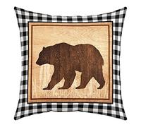 richhome Lodge Cabin Pillow Cover Wild Bear Silhouette Jungle Animal Cushion Cover for Kids Teens Adults Retro Black White Grid Rustic Style Cushion Case for Bedroom Couch Car 18x18 Inch