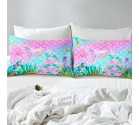 richhome Mermaid Fitted Sheet Double Size for Kids Boys Girls Ocean Fish Scales Bed Sheets Set 16" Deep Pocket Soft Breathable Sea Animal Bedding with 2 Pillowcases Rainbow Underwater Theme