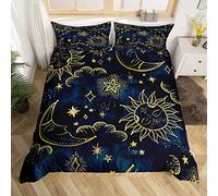 richhome Moon Star Sun Duvet Cover Set Double for Kids Adult Bedroom Navy Blue Golden Soft Comforter Quilt Cover Cartoon Universe Bedspread Cover Bedroom Collection 3Pcs Bedclothes