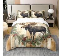 richhome Moose Duvet Cover 100% Cotton Single Size Rustic Wooden Plank Bedding Set for Boys Girls Wild Animal Comforter Cover Berry Bedroom Decor 2Pcs Zipper Closure With 1 Pillowcase