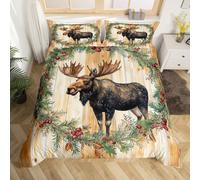 richhome Moose Duvet Cover Single Size Rustic Wooden Plank Bedding Set for Boys Girls Wild Animal Comforter Cover Berry Bedroom Decor 2Pcs