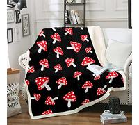 Richhome Mushroom Blanket, Cute Cartoon Botanical Fleece Single Blanket, Kids Boys Girls Kawaii Pattern Plush Single Blanket for Living/Bedroom Sofa, Black Red Double 60"x79"