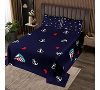 richhome Nautical Bedspread Single Size,Sailboat Anchor and Red Love Heart Design,Kids Girls Boys Bedroom Decorative Coverlet Set 2 Piece Abstract Cartoon Quilted with 1 Pillowcase,Navy