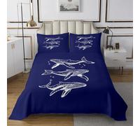 richhome Navy Blue Whale Bedspread Single Size Kids Ocean Sea Animals Coverlet Set for Boys Girls Teens Sea Underwater World Quilted Coverlet Aquatic Animal Bedroom Decor