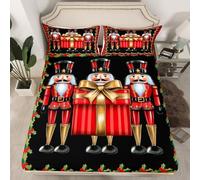 richhome Nutcracker Fitted Sheet King Size for Kids Boys Girls Merry Christmas Bed Sheets Set 16" Deep Pocket Soft Breathable Microfiber Red Black Buffalo Bedding with 2 Pillowcases Winter Decor