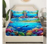 richhome Ocean Theme Fitted Sheet King Size Kids Summer Dolphin Fish Marine Themed Bed Sheets Set for Boys Girls Hawaiian Sealife Sea Creatures Natural Scenery Bedding Set Room Decor