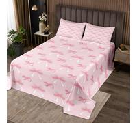 richhome Pink Bowknot Bedspread Double Size Kids Cute Bow Coverlet Set for Boys Girls Kawaii Dreamy Princess Geometric Stripe Pattern Quilted Coverlet Room Decor