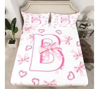 richhome Pink Bowknot Fitted Sheet with 2 Pillowcases King Size Initial Letter B Bed Sheets Set 16" Deep Pocket Boys Girls Bow Alphabet Bedding Princess Love Hearts Teens Breathable Soft