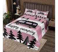 richhome Pink Camper Bedspread Double Size Happy Camping Coverlet Set for Kids RV Camping Car Accessories for Travel Tree Vintage Quilted Coverlet Women Men Teens Decor All Season