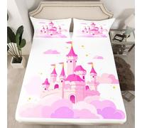 richhome Pink Castle Fitted Sheet with 2 Pillowcases Double Size Princess Decor Bed Sheets Set 16" Deep Pocket Boys Girls Fairy Tale Bedding Kawaii Teens Bedroom Decor Breathable Soft