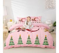 richhome Pink Christmas Duvet Cover Single Size Xmas Bow Snowman Snowflake Gingerbread Man Santa Claus Bedding Set for Kids Personalized Initial C Comforter Cover 2Pcs With 1 Pillowcase