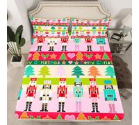 richhome Pink Christmas Fitted Sheet Single Size for Kids Cute Nutcracker Bed Sheets Set 16" Deep Pocket Soft Breathable Christmas Tree Bedding with 1 Pillowcase Gingerbread Man Decor Kawaii Xmas