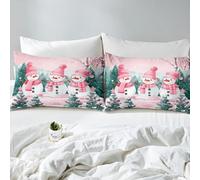 richhome Pink Christmas Fitted Sheet with 1 Pillowcase Single Merry Christmas Tree and Snowman Bed Sheets Set 16" Deep Pocket Boys Girls Cute Snowman Bedding Xmas Snowflake Room Decor Kawaii Soft
