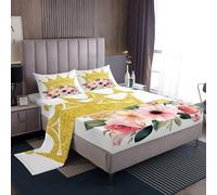 richhome Pink Floral Bed Sheets Set Double Size Golden Gliter Crown Bed Set for Kids Boys Girls Princess Decor Deep Pocket Fitted Sheet Fairy Tale Breathable Soft Lightweight Microfiber