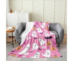 richhome Pink Ghost Boo Fleece Throw Blanket Halloween Pumpkin Flannel Blanket Plush Fuzzy Single 50x60Inch For Kids Girl Kawaii Ghost Spooky for Bed Couch Living Room Trick or Treat Fun and Cute
