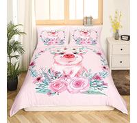richhome Pink Pig Bedding Set Double Size,Cute Animal Pig Print Comforter Covers with 2 Pillowcases,Romantic Rose Duvet Cover 3 Piece,Flowers Floral Cartoon Quilt Cover for Kids Boys Girls Room Decor