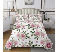 richhome Pink Rose Bedspread Single Size Kids Vintage Floral Flower Coverlet Set for Boys Girls Teens Botanical Green Leaves Quilted Coverlet Blossom Plant Bedroom Decor