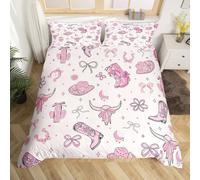 richhome Pink Western Aztec Bedding Set for Girls Boys Kids King Size Cowgirl Boots Hat Comforter Cover Room Decor Bull Skull Bow Princess Tribal Rustic Duvet Cover Bedclothes Soft 3Pcs