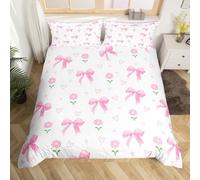 richhome Pink White Bow Bedding Set for Girls Boys Kids Single Size Cute Bow-tie Comforter Cover Room Decor Girly Butterfly Knot Dreamy Princess Floral Duvet Cover Bedclothes Soft 2Pcs