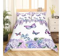 richhome Purple Flowers King Size Duvet Cover for Teens Youth,Rustic Style Butterflies Comforter Cover with 2 Pillow Shams,Nature Theme Floral Bedding Set Ultra Soft Microfiber Breathable