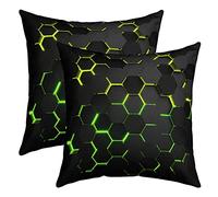 richhome Regular Hexagon Design Throw Pillow Cover Neon Light Geometric Plaid Grid Accent Pillow Cover for Kids Teens Honeycomb Modern Style Pillowcase for Bedroom Decor,Pack of 2,Black Green,16"x16"