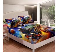 richhome Retro Steam Engine Train Fitted Sheet King Size Kids Outer Space Galaxy Universe Planets Bed Sheets Set for Boys Girls Vintage Vehicle Locomotive Train Bedding Set Room Decor