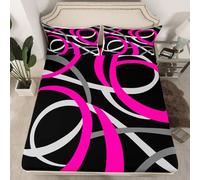 richhome Retro Swirls Fitted Sheet with 2 Pillowcases Double Size Black and Pink Bed Sheets Set 16" Deep Pocket Boys Girls Geometric Circle Bedding Modern Striped Art Teens Bedroom Decor Soft