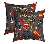 richhome Rock Theme Pillow Covers Hip Hop Eye Red Lip Rose Decor Cushion Covers for Teens Adults Cartoon Guitar Street Jazz Music Hippie Style Cushion Cases for Living Room Chairs 20x20 Inch Set of 2