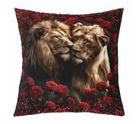 richhome Romantic Lion Throw Pillow Cover Vintage Red Rose Dreamy Flowers Pillow Case for Kids Teens Adults Women Wild Animals Glitter Diamond Jewel Decor Cushion Cover for Sofa Bed 18x18 Inch