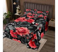 richhome Rose Flower Bedspread Double Size Kids Gothic Skull Coverlet Set for Boys Girls Death Moth Skeleton Bones Black and Red Quilted Coverlet Room Decor