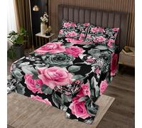 richhome Rose Flower Bedspread Double Size Kids Gothic Skull Coverlet Set for Boys Girls Death Moth Skeleton Bones Black and Light Pink Quilted Coverlet Room Decor