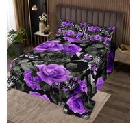 richhome Rose Flower Bedspread King Size Kids Gothic Skull Coverlet Set for Boys Girls Death Moth Skeleton Bones Black and Purple Quilted Coverlet Room Decor