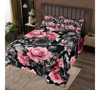 richhome Rose Flower Bedspread Single Size Kids Gothic Skull Coverlet Set for Boys Girls Teens Death Moth Skeleton Bones Black and Pink Quilted Coverlet Room Decor