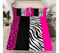richhome Rosy Leopard Fitted Sheet with 1 Pillowcase Single Size Black White Zebra Bed Sheets Set 16" Deep Pocket Boys Girls Animal Print Bedding Cheetah Teens Bedroom Decor Breathable Soft