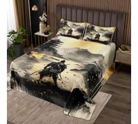 richhome Samurai Bedspread Double Size Kids Chinese Ink Painting Coverlet Set for Boys Girls Fuji Mountain Decor Japanese Ukiyoe Theme Quilted Coverlet Room Decor