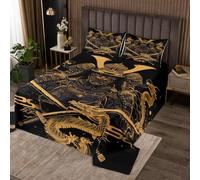 richhome Samurai Bedspread Japanese Style Bedspread for Kids Boys Girls Vintage Dragon Coverlet Set Black Gold Quilted Bedroom Collection 2Pcs Single Size