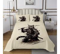 richhome Samurai Bedspread King Size Warrior Bushido Coverlet Set Japanese Style Quilted Coverlet for All Season With 2 Pillowcases Cat Warrior Microfiber Lightweight