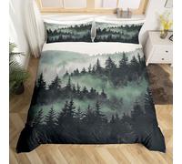 richhome Smoky Mountain Bedding Set for Adults Trees Natural Scenery Art Comforter Cover Set Nature Lover Gift Room Decorative Duvet Cover Foggy Scenic Bedspread Cover Double Size 3Pcs Bedclothes