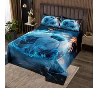 richhome Soccer Bedspread Blue Football Flame Bedspread for Kids Boys Girls Sports Themed Coverlet Set Ball Game Quilted Room 3Pcs Double Size