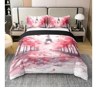 richhome Super King Size Red Eiffel Tower Duvet Cover 100% Cotton Boys Paris Bedding Set For Kids Women Men Ultra Soft Cherry Blossoms Floral Flower Romantic Comforter Cover Room Decor Soft