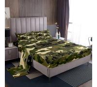 richhome Tank Helicopter Camo Bed Sheets Set King Size Kids Green Camouflage Fitted Sheet with Deep Pocket Boys American Army Star Bedding Set Breathable Military Equipment Bedroom Decor Bedclothes