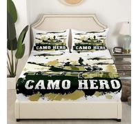 richhome Tank Helicopter Fitted Sheet Double Size Kids Green American Army Bed Sheets Set for Boys Girls Teens Soldier Bedding Set Breathable Military Equipment Bedroom Decor