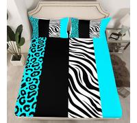 richhome Teal Leopard Fitted Sheet with 1 Pillowcase Single Size Black White Zebra Bed Sheets Set 16" Deep Pocket Boys Girls Animal Print Bedding Cheetah Teens Bedroom Decor Breathable Soft